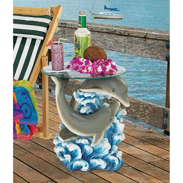 Design Toscano Dolphin Cove Glass-Topped Sculptural Table EU1056